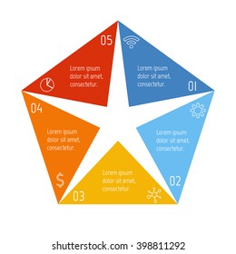 Pentagon infographic banner with 5 options. Isolated number banner template for diagram, presentation or chart. Progress steps for tutorial. Business concept sequence banner.