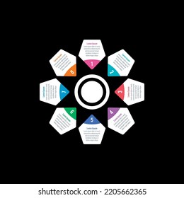 pentagon infographic template. circular informational template. eight step informational template. business, web, magazine, internet, annual report infographic template