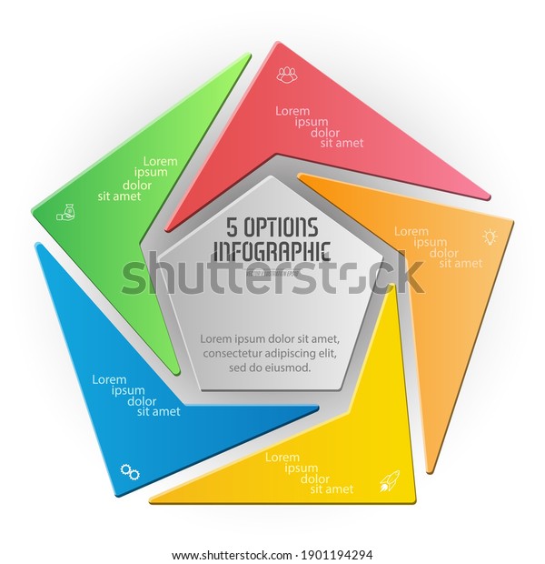 Pentagon infographic. The\
triangle diagram is divided into 5 parts.\
Business strategy,\
project development schedule, or training stages. Flat\
design.