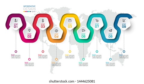 Pentagon label with color line linked infographics.