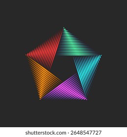Vórtice geométrico abstrato do logotipo do Pentágono a partir de listras coloridas brilhantes formando forma pentagonal no fundo escuro, design dinâmico de linhas finas futuristas, marca digital, web, identidade visual criativa