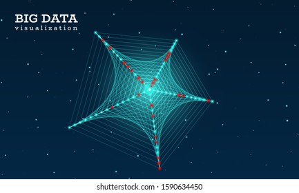 A pentagon made from technological lines. Big data innovation technology. Blockchain network analysis. Ai tech futuristic wireframe. Artificial intelligence. Vector illustration on blue background