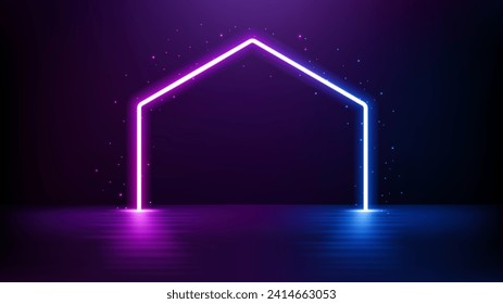 Pentagon Neon Light, Sci Fi Portal on Floating Floor, Vector Illustration