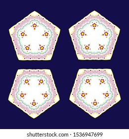 Pentagon patchwork pattern with four pentagons. Decorative polygons on a blue background. Surface pattern flat design for print, fabric, wrapping paper. Kaleidoscopic pentagon design
