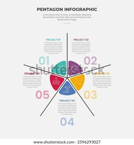 pentagon or pentagonal infographic outline style with 5 point template with piechart shape base on circle with long line separator for slide presentation vector