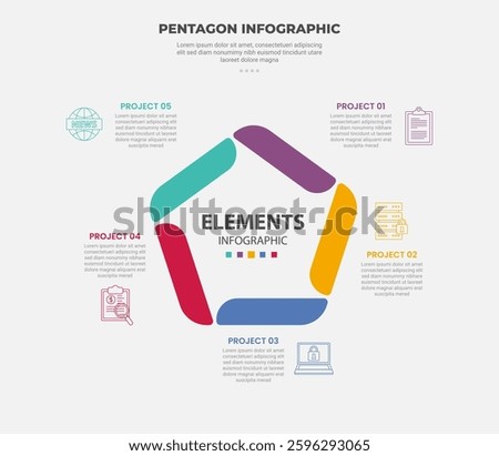 pentagon or pentagonal infographic outline style with 5 point template with creative round rectangle slice as outline structure for slide presentation vector