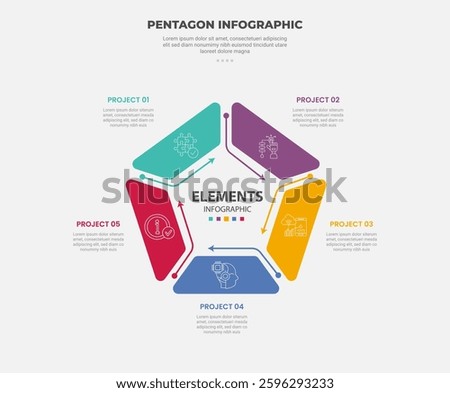 pentagon or pentagonal infographic outline style with 5 point template with round structure component with arrow line direction for slide presentation vector