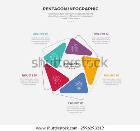 pentagon or pentagonal infographic outline style with 5 point template with separated round triangle components for slide presentation vector