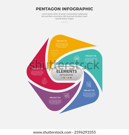 pentagon or pentagonal infographic outline style with 5 point template with swirl squeeze on slice divider centered on round rectangle box for slide presentation vector