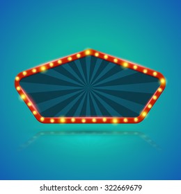 Pentagon retro light banner with light bulbs on the contour. Vector illustration. Can use for promotion advertising.