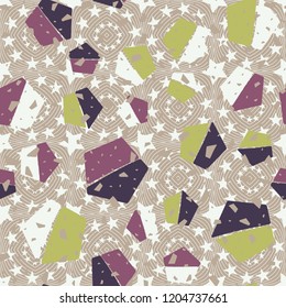 Pentagon seamless pattern located on the background of five-pointed stars. With the ability to edit.