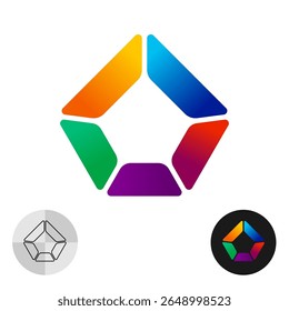 Forma de pentágono logotipo colorido estilo gradiente com espaço vazio no centro. Símbolo geométrico abstrato do arco-íris criativo consiste de trapézios