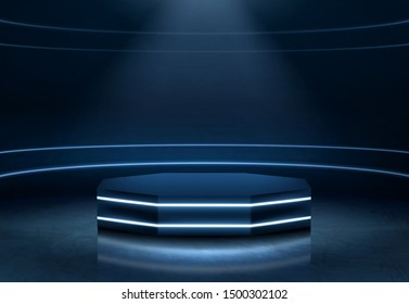 Pentagon shape, empty stage for product presentation, fashion show podium, pedestal in nightclub dance floor illuminated with light beam and neon illumination lines 3d realistic vector illustration