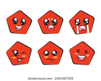 pentagon shape with expression smile angry crying wink eye sadness and laughing feeling red color 