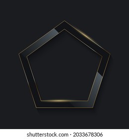 Pentagon shape frames with gold shining light and shadow effects vector illustration. 3d elegant creative badge, polygon geometric form and golden frame lines at border isolated on black background