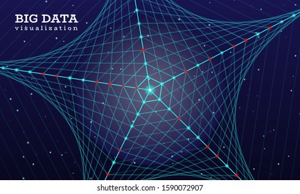 A pentagon shape made from technological lines. Big data innovation technology. Blockchain network analysis. Ai tech futuristic wireframe. Vector illustration on dark blue background