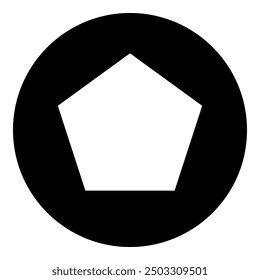 A pentagon symbol in the center. Isolated white symbol in black circle. Vector illustration on white background