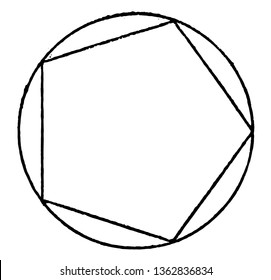 A Pentagon within a circle, the six sides of the hexagon are all equal to the radius of that circle, vintage line drawing or engraving illustration.