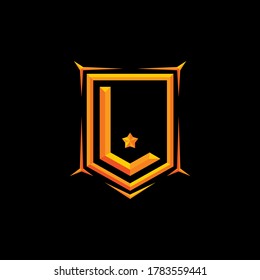 Pentagonal badge with embossed 3d effect of letter L in gold color.