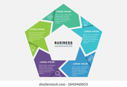 Modelo de design de infográfico de negócios pentagonal com 5 opções ou etapas, ilustração vetorial.