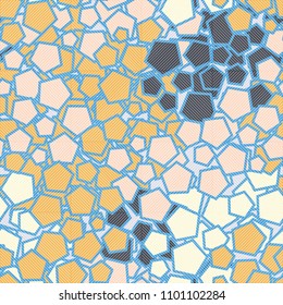Pentagonal camouflage. Seamless pleasant texture. Chaotic paints. The diagonal grid is divided by squares.