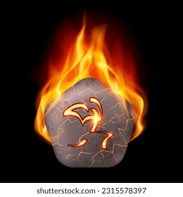 Pentagonal cracked stone with magic rune in orange flame