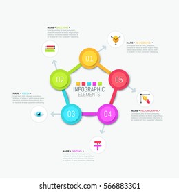 Pentagonal diagram with colorful elements, arrows, icons and text boxes. Steps of art product creation concept. Modern infographic design layout. Vector illustration for corporate website, banner.