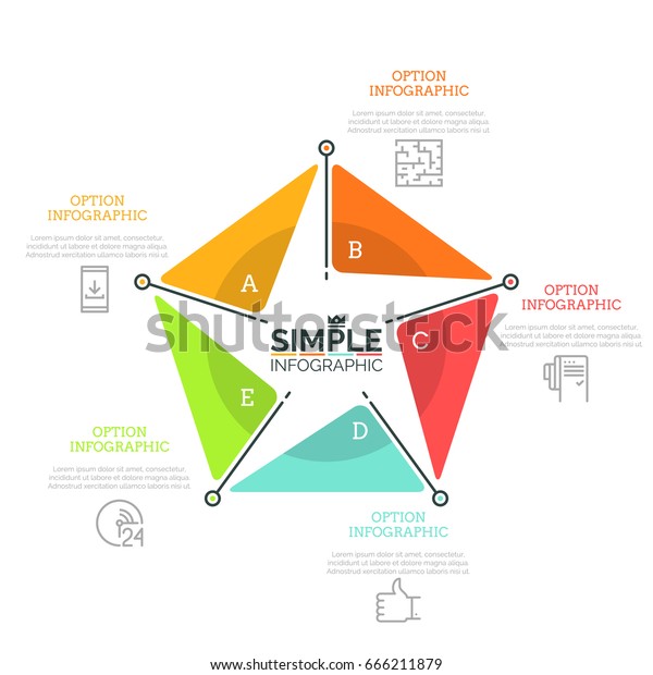 Pentagonal diagram divided into 5 bright\
colored lettered parts, thin line symbols and text boxes. Concept\
of business data visualization. Minimalist infographic design\
template. Vector\
illustration.