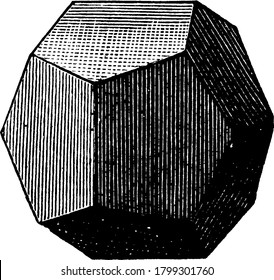 A pentagonal dodecahedron. A solid that has twelve pentagons, vintage line drawing or engraving illustration.