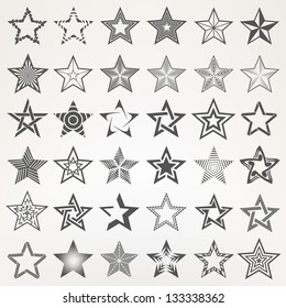 Colección estrella pentagonal de cinco puntos de treinta y seis elementos de diseño de icono emblema, conjunto de plantillas vectoriales eps10