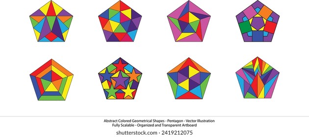 Pentagonale Harmonie: Abstrakte farbige geometrische Formen - Vektorgrafik. Reihe geometrischer Formen