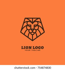 Pentagonal lion head logo template design in outline style. Vector illustration.