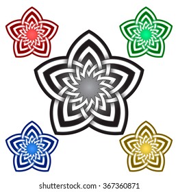Pentagonal logo template in Celtic knots style. Tribal tattoo symbol. Silver ornament for jewelry design and samples of other colors.