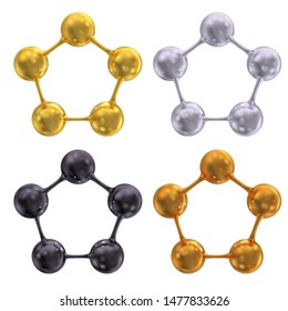 Pentagonal molecular lattice. Fragment. Front view. Set of gold, silver, copper, black colors. Vector 3d illustration isolated on white background.