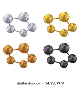 Pentagonal molecular lattice of gold, silver, copper, black colors. Vector 3d illustration isolated on white background.