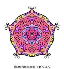 Pentagonal multicolored mandala, Isolated design element, Vector illustration