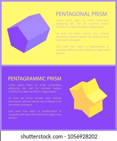 Pentagonal and pentagrammic geometric prisms, two color cards isolated on yellow and lilac, text sample, vector illustration, geometric figures set