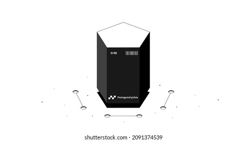 Pentagonal prism mathematical figure. Black and white isometric 3d illustration isolated on white background.