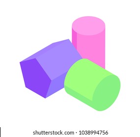 Pentagonal prism and two cylinders colorful poster isaolted on white backdrop vector illustration, green and pink cylinders, lilac pentagon prisms set