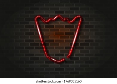 Pentagonal red shield, mountain shaped top glowing neon sign or glass tube. Realistic vector illustration. Black brick wall, soft shadow.