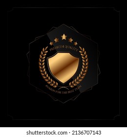 pentagonal shield There is a golden olive bouquet decorated inside with text, black background, vector work.