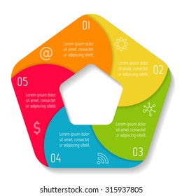 Pentagonal spiral progress steps for tutorial. Round infographic banner with 5 options. Circular number banner template for diagram or chart. Business concept sequence banners. EPS10 workflow layout.