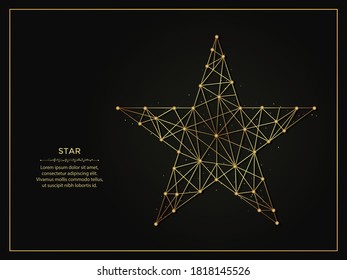 Pentagonal Star golden abstract illustration on dark background. Geometric shape polygonal template made from lines and dots.