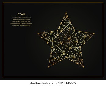 Pentagonal Star golden abstract illustration on dark background. Geometric shape polygonal template made from lines and dots.
