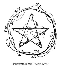 Pentagonal star graphic pentagram in a circle with branches and leaves Line drawing  icon logo vector illustration.Five pointed star,pentacle,acculite sign isolated on white background.Tattoo or print