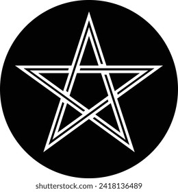 Pentagonal star graphic pentagram. Five pointed star sign isolated on black circle. Tattoo or print template. Vector illustration