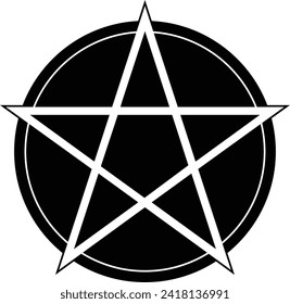 Pentagonal star graphic pentagram. Five pointed star sign isolated on black circle. Tattoo or print template. Vector illustration