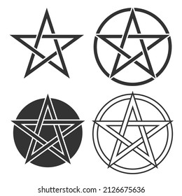 Pentagonal star graphic pentagram set. Five pointed star signs isolated on white background. Tattoo or print template. Vector illustration