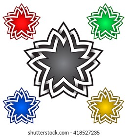 Pentagonal star logo symbol in Celtic style. Tribal tattoo symbol. Silver stamp for jewelry design and samples of red, green, blue and golden colors.
