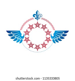 Pentagonal Stars emblem created with royal lily flower and floral ornament, union theme symbol. Heraldic Coat of Arms, vintage vector logo.